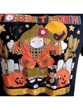 Vintage Halloween T-Shirt Medium Scarecrow & Pumpkins Cottage Grammy